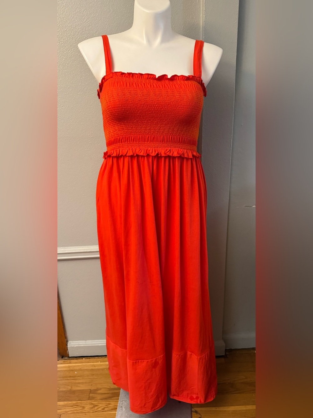Zara Strapless Bright Orange Maxi Dress with Smocked Bodice